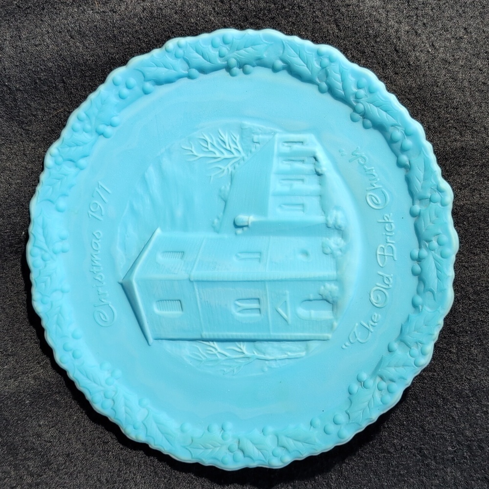 Vintage Fenton 1971 Blue Satin Glass Plate No. 2 (Old Brick Church) 8inch.